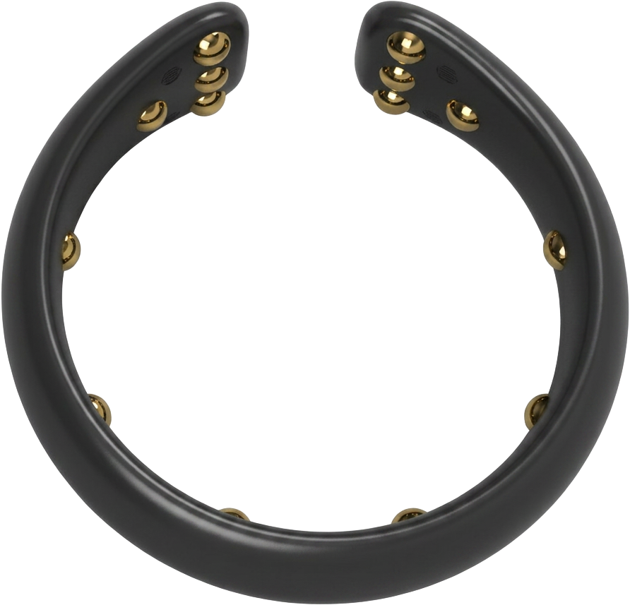 Render of the MODAM wearable neck device: an open black ring with gold sensor contacts